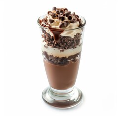Tall glass is filled with layers of chocolate pudding, whipped cream, and chocolate chips, creating a decadent dessert