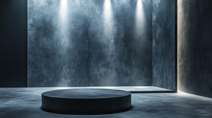 Modern circular pedestal in a dimly lit dark interior space