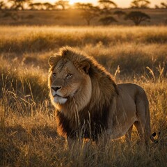 A majestic lion basking in the golden light of the savanna during sunrise, surrounded by tall, dewy...