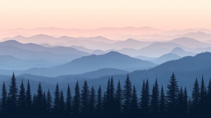 Obraz premium Gradient mountain landscape at night with foggy valley, ideal for nature art, scenic illustrations, travel design, environmental awareness, and digital graphic projects.