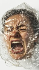 Abstract sculpture of a man&rsquo;s face breaking through concrete