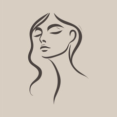 Minimalist line art of a serene woman with flowing hair, beige background
