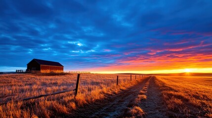 Serene Landscape of a Barn at Sunrise Surrounded by Vast Fields