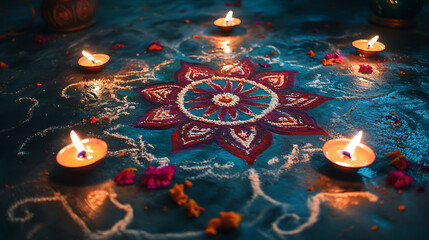 "An artistic depiction of a Kolam (rangoli) design created with rice flour and vivid colors, surrounded by oil lamps and Pongal-themed decorations, ideal for graphic designers 