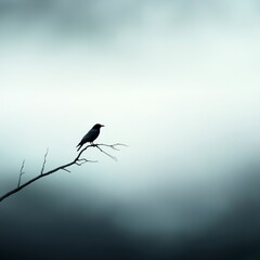 Emotional grief of sadness a solitary bird in nature's foggy landscape reflective perspective