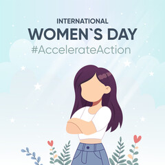 Simple postcard, banner, poster girl showing strength, action, international womens day