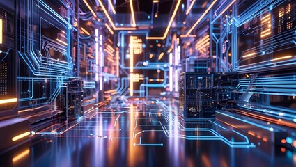 Enter a futuristic virtual world filled with reflective lines of nerve impulses and electrical currents, resembling electronic holograms. This high-tech scene captures modern technology in a dynamic, 