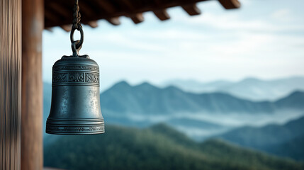 Fototapeta premium A Temple Bell Ringing Against a Misty Mountain Background, Symbolizing Spiritual Awakening