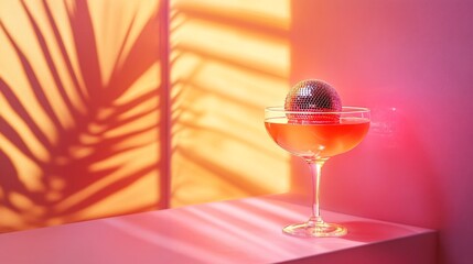 Party cocktail with disco ball on peach orange background with neon bokeh lights. Disco party, retro fashion. Christmas, New Year, Valentine's Day, Women's Day. Festive backdrop for card, banner, menu