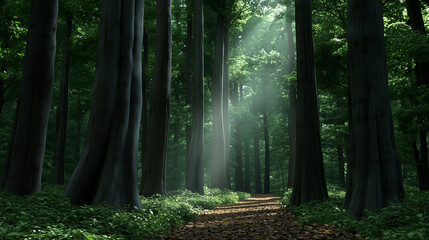Fototapeta premium A Forest Path Surrounded by Tall Trees, Representing Stability and Resilience