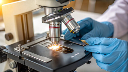 Close-up shot of microscope with metal lens at laboratory.