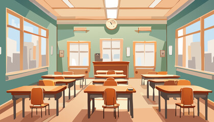 Interior of school classroom with desks and chairs. Vector illustration.