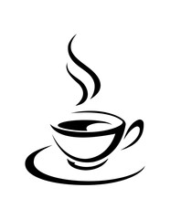 Coffee logo for coffee shop. Cafeteria icon isolated on white background. Brewed coffee in a mug