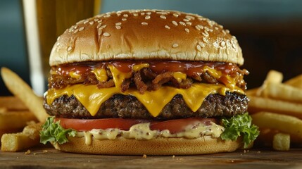 Juicy Cheeseburger with Fries on Wooden Board