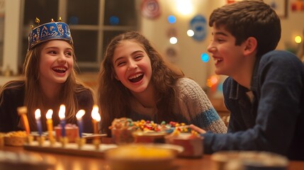 Happy children celebrating Hanukkah with candles and treats.