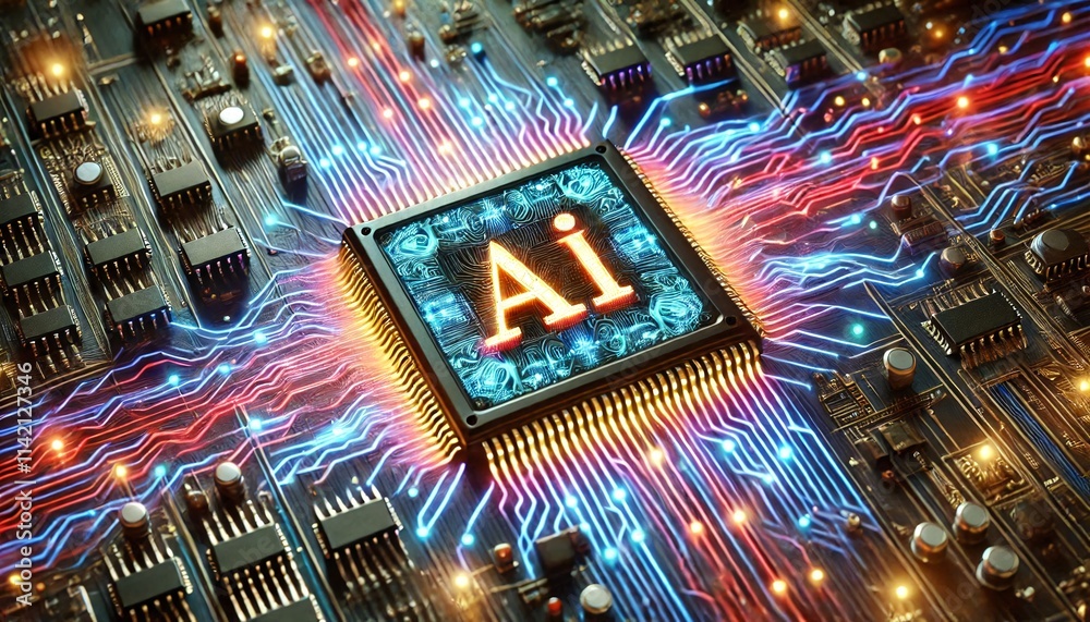 Poster AI word on microchip and colorful light spread with strong beam	