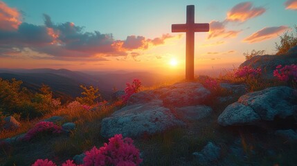 Cross silhouetted against fiery sunset over vibrant clouds, spiritual concept, heaven imagery, faith, Christian symbolism, religious scene, inspirational atmosphere, and divine beauty.