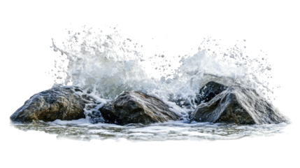 Ocean waves crashing on rocks, transparent background