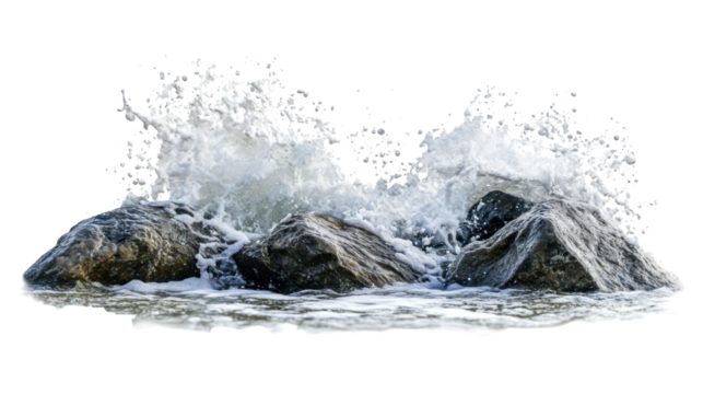 Ocean waves crashing on rocks, transparent background
