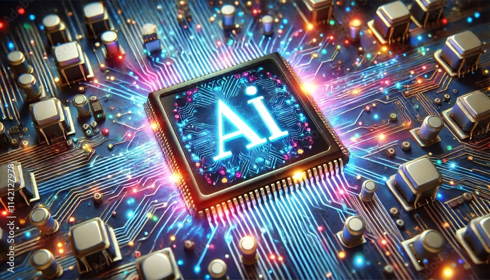 Poster AI word on microchip and colorful light spread with strong beam	