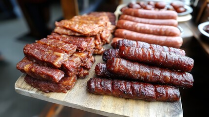 Assorted grilled meats on a wooden board. Stacks of sliced cured meat and grilled sausages.