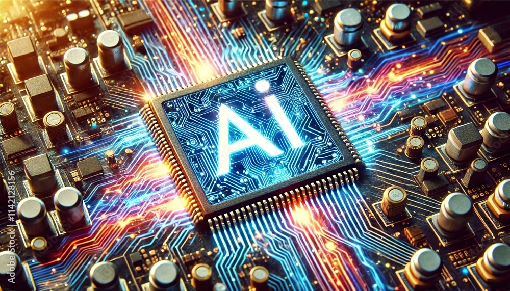 Poster AI word on microchip and colorful light spread with strong beam	