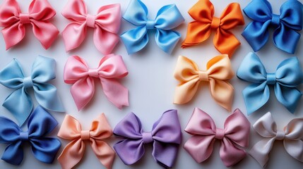 banner of colorful bows on white background top view with copy space