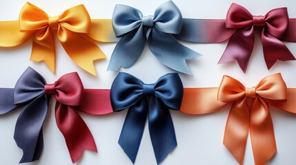 banner of colorful bows on white background top view with copy space