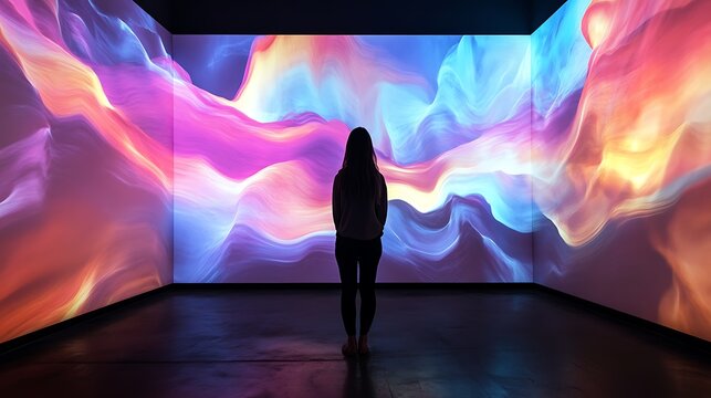 Woman silhouetted against vibrant, immersive digital art installation.