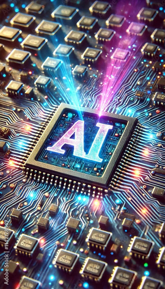 Poster AI word on microchip and colorful light spread with strong beam	