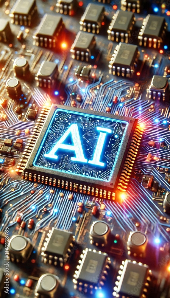 Poster AI word on microchip and colorful light spread with strong beam	