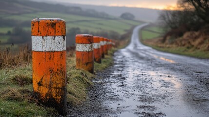 beside a country road are red and white road markers next to the tarmac is a row of painted short posts that indicate a steep slop