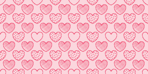 Seamless pattern of hand drawn pink hearts. Festive romantic background for valentine's day, birthday. Vector illustration.