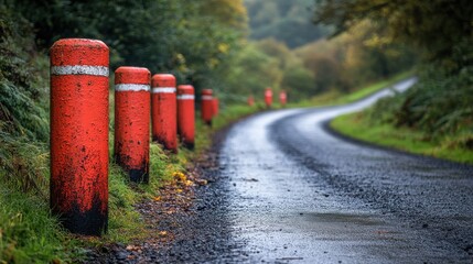beside a country road are red and white road markers next to the tarmac is a row of painted short posts that indicate a steep slop