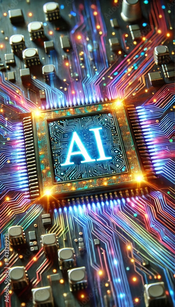 Poster AI word on microchip and colorful light spread with strong beam	