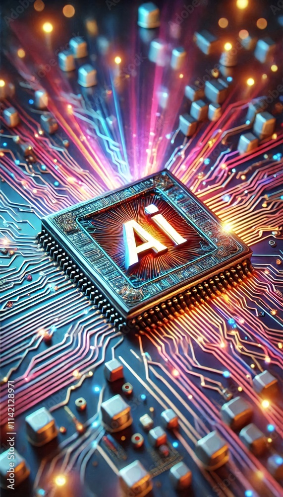 Aufkleber AI word on microchip and colorful light spread with strong beam	