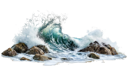 Ocean waves crashing on rocks, transparent background