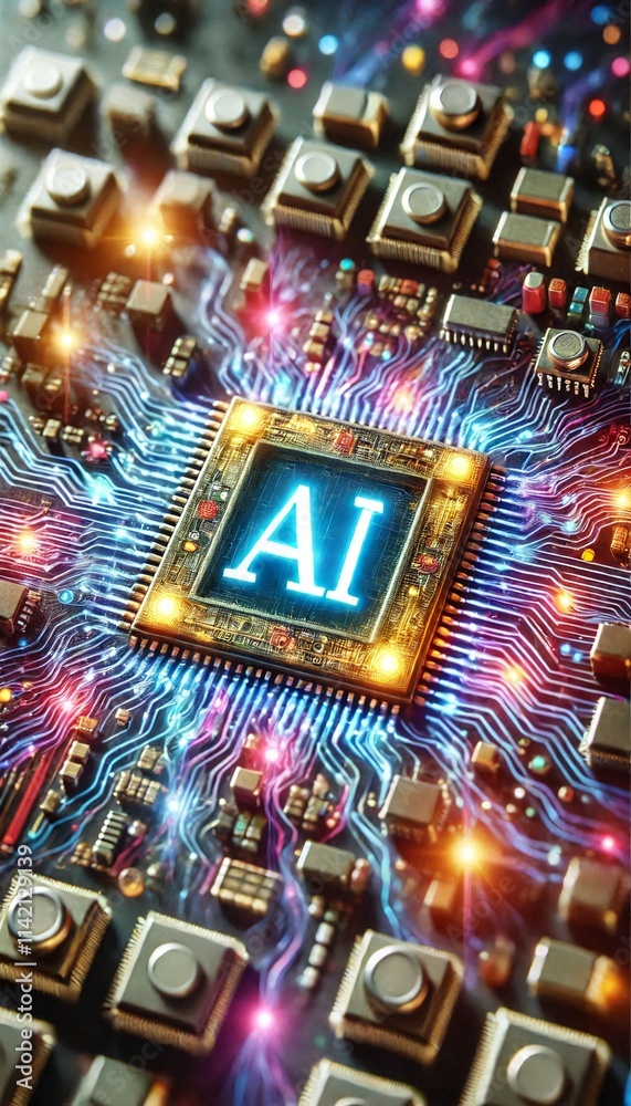 Poster AI word on microchip and colorful light spread with strong beam	