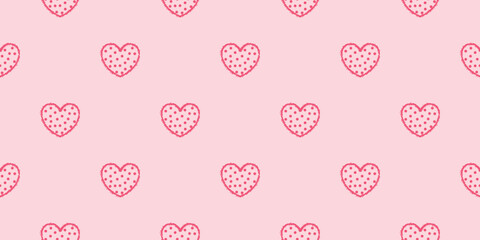 Seamless pattern of hand drawn pink hearts. Festive romantic background for valentine's day, birthday. Vector illustration.