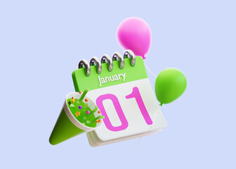 New Year 01 January 3D Illustration