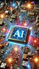 Fototapeta premium AI word on microchip and colorful light spread with strong beam 