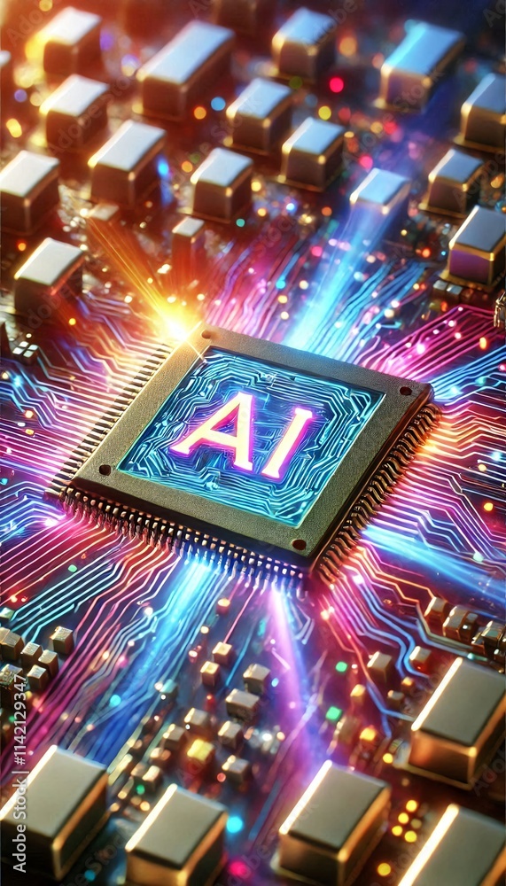 Aufkleber ai word on microchip and colorful light spread with strong beam