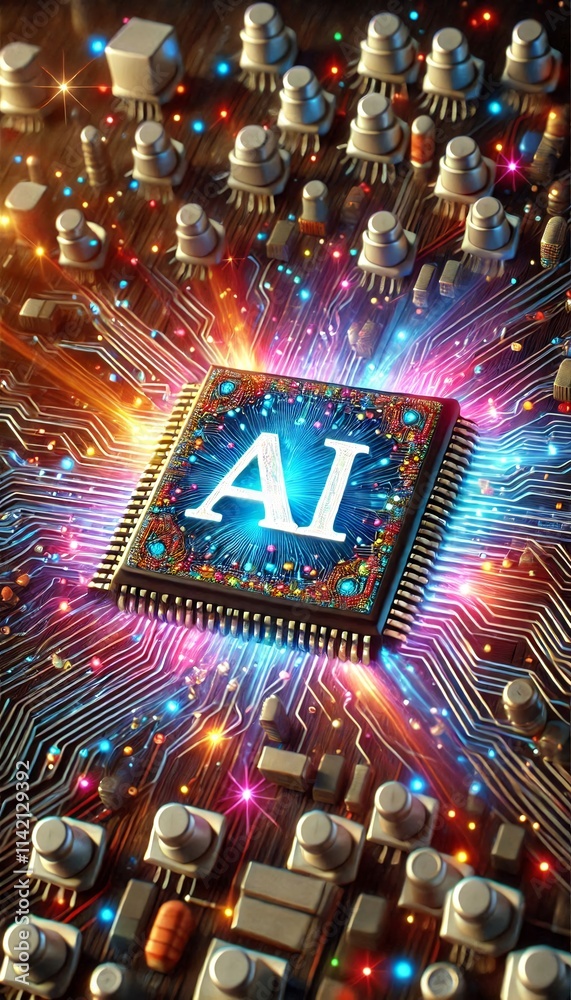 Poster AI word on microchip and colorful light spread with strong beam	