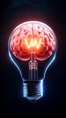 Creative light bulb shaped brain symbolizing innovation and ideas illuminated against a dark background