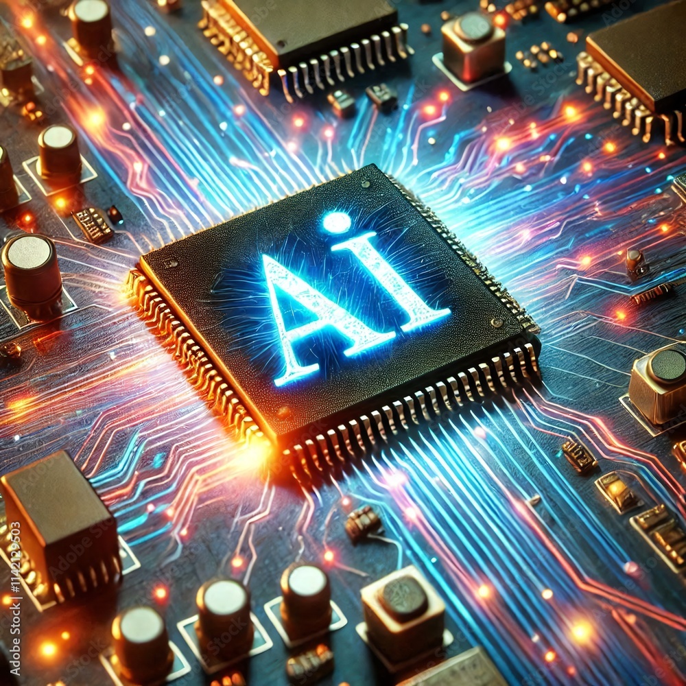 Poster AI word on microchip and colorful light spread with strong beam	
