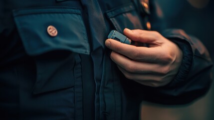 police officer’s hand adjusting a body camera on their uniform, with a focus on the uniform’s details