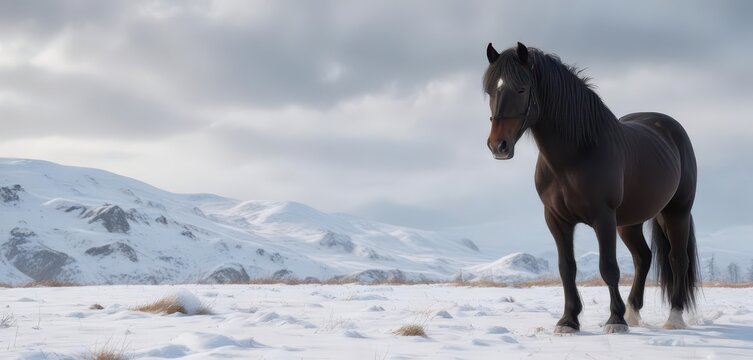 Frisian horse's fur stands out against snowy backdrop,  animals,  white snow,  frisian horse
