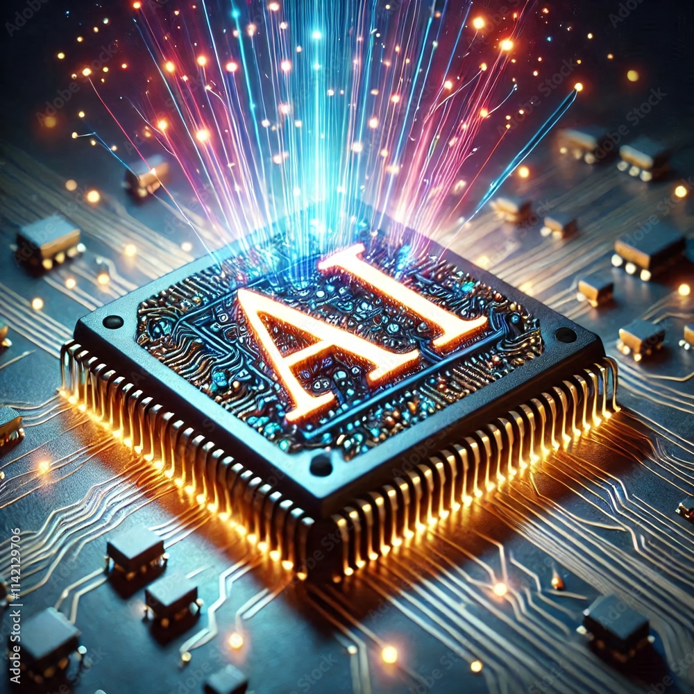 Aufkleber AI word on microchip and colorful light spread with strong beam	