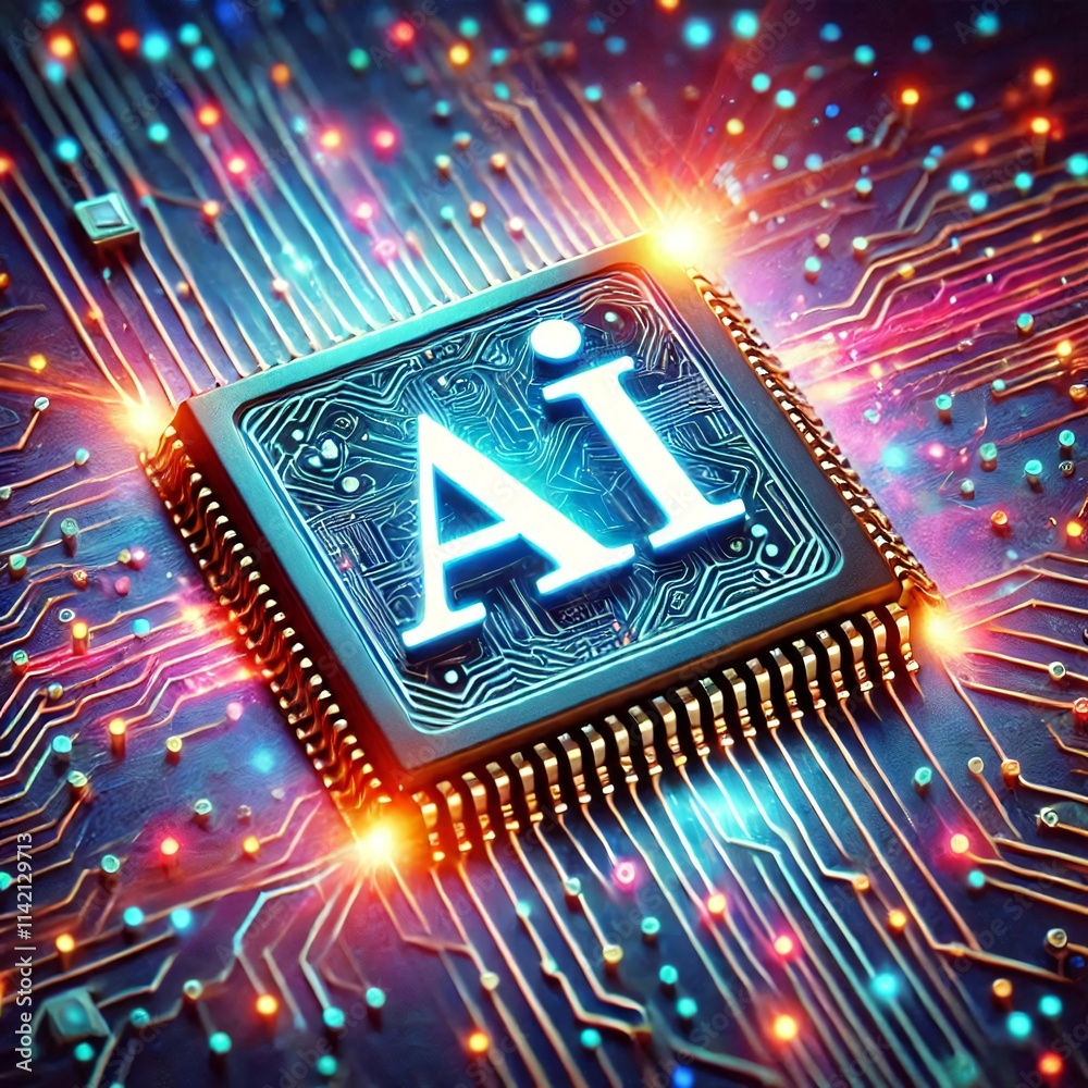 Poster ai word on microchip and colorful light spread with strong beam