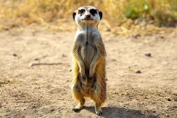 Meerkat standing alert in natural habitat, vigilant pose.